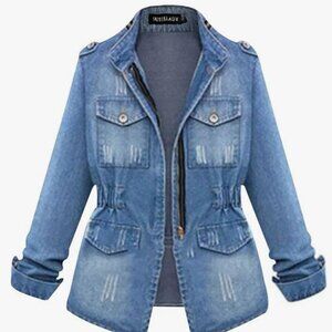 XXL Women's Denim Military Style Jacket with zipper around collar, tapered sides